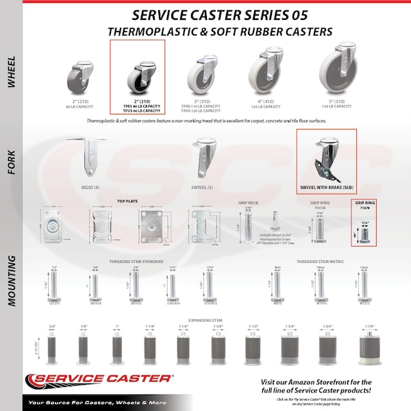 2 Inch Thermoplastic Wheel 7/8 Grip Ring Stem Caster Set with Brakes, 5PK